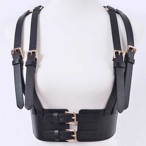Black Leather Suspender Harness Waist Statement Belt